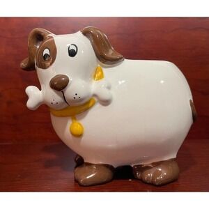WHITE & Brown Ceramic Dog Planter Bone Yellow Collar Figurine Doggy Hand Painted